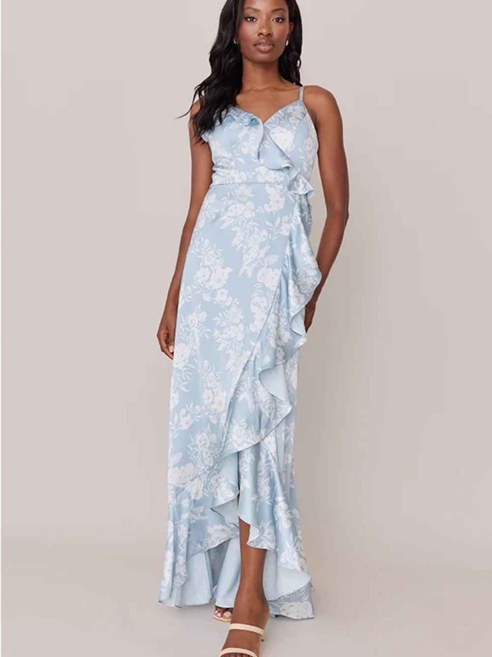 Revelry Paloma Satin Light Blue & White Floral Ruffle High-Low Wrap Dress